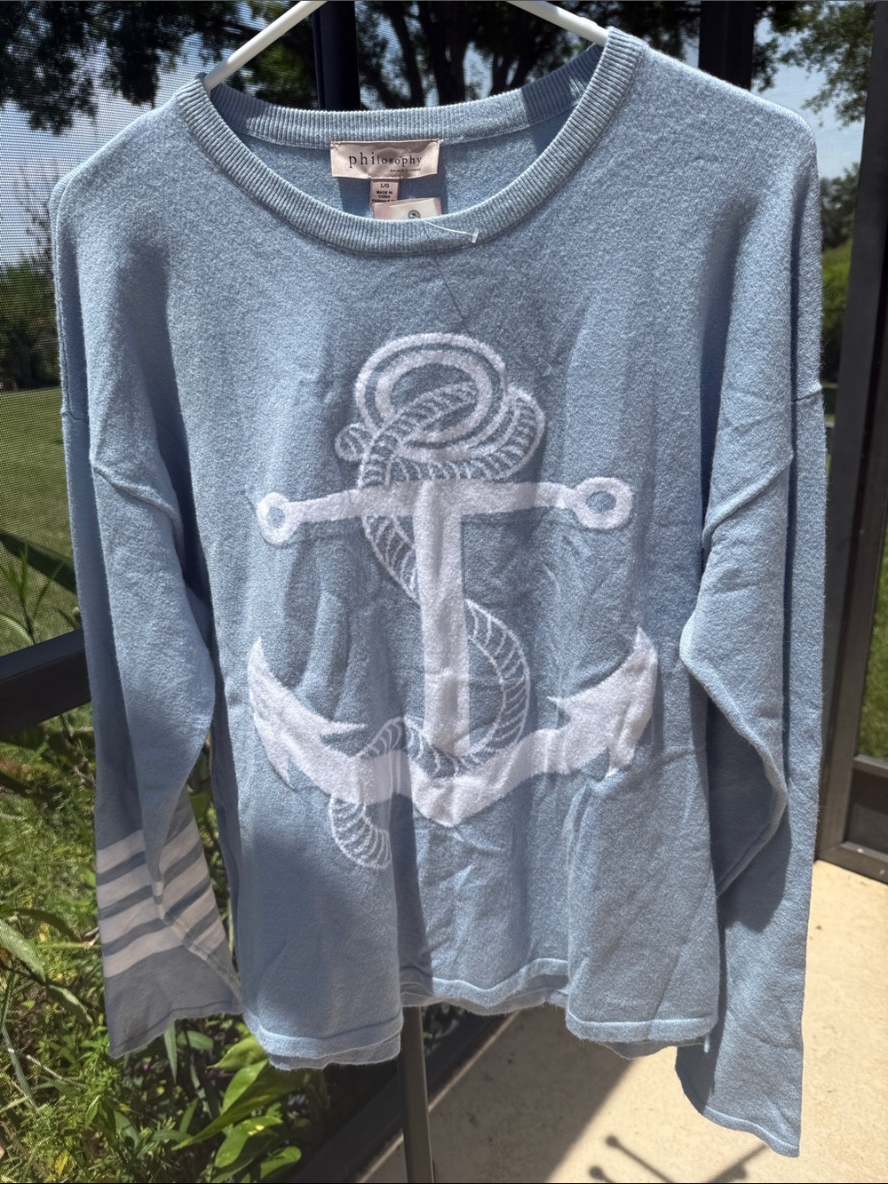 Philosophy Light Blue Crewneck Sweater with nautical White Anchor Graphic